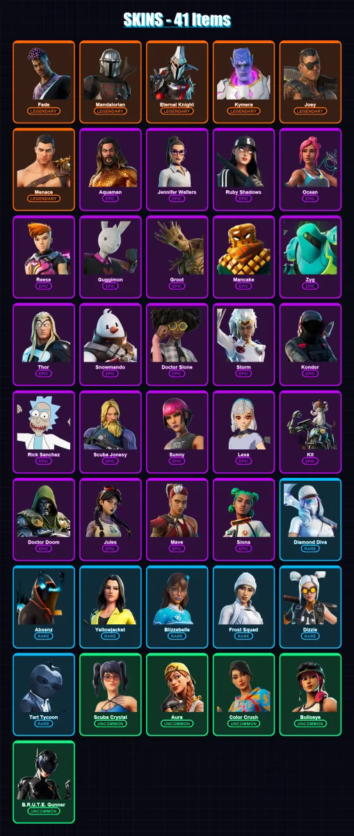 [PC/XBOX/PSN] | Fade | Mandalorian | Eternal Knight | Kymera | Joey | 41 skin | 56 pickaxe | 44 emote | 59 glider | Lv934