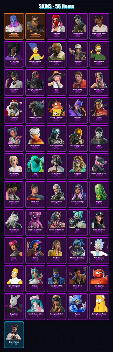 [PC/XBOX/PSN] | Kymera | Joey | Yulejacket | Outlaw Midas | Slayer Juice WRLD | 56 skin | 89 pickaxe | 59 emote | 63 glider | Lv1034
