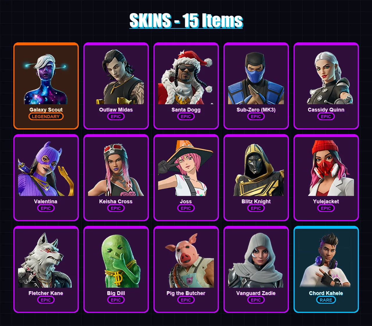 [PC/XBOX/PSN] | Galaxy Scout | Outlaw Midas | Santa Dogg | Sub-Zero (MK3) | Cassidy Quinn | 15 skin | 63 pickaxe | 33 emote | 36 glider | Lv522