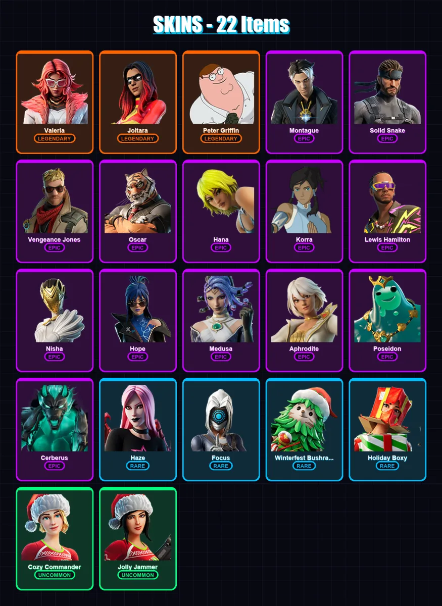 [PC/XBOX] | Valeria | Joltara | Peter Griffin | Montague | Solid Snake | 22 skin | 22 pickaxe | 21 emote | 18 glider | Lv194