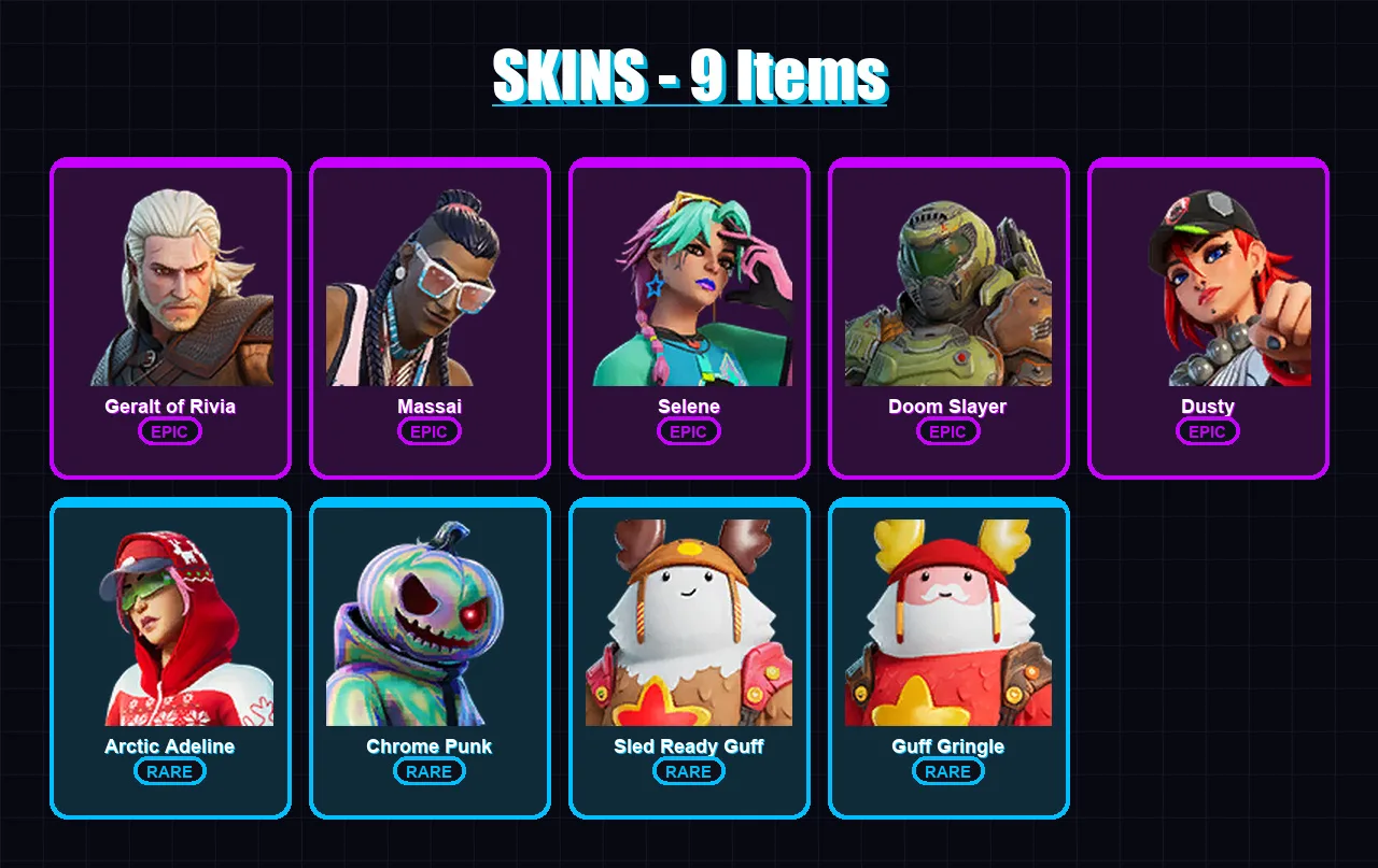 [PC/PSN] | Geralt of Rivia | Massai | Selene | Doom Slayer | Dusty | 9 skin | 11 pickaxe | 11 emote | 14 glider | Lv162