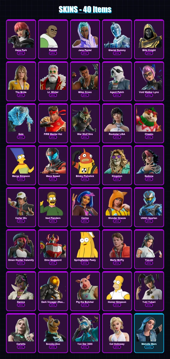 [PC/XBOX/PSN] | Hana Park | Russel | Jana Pastel | Glacial Dummy | Blitz Knight | 40 skin | 57 pickaxe | 41 emote | 29 glider | Lv637