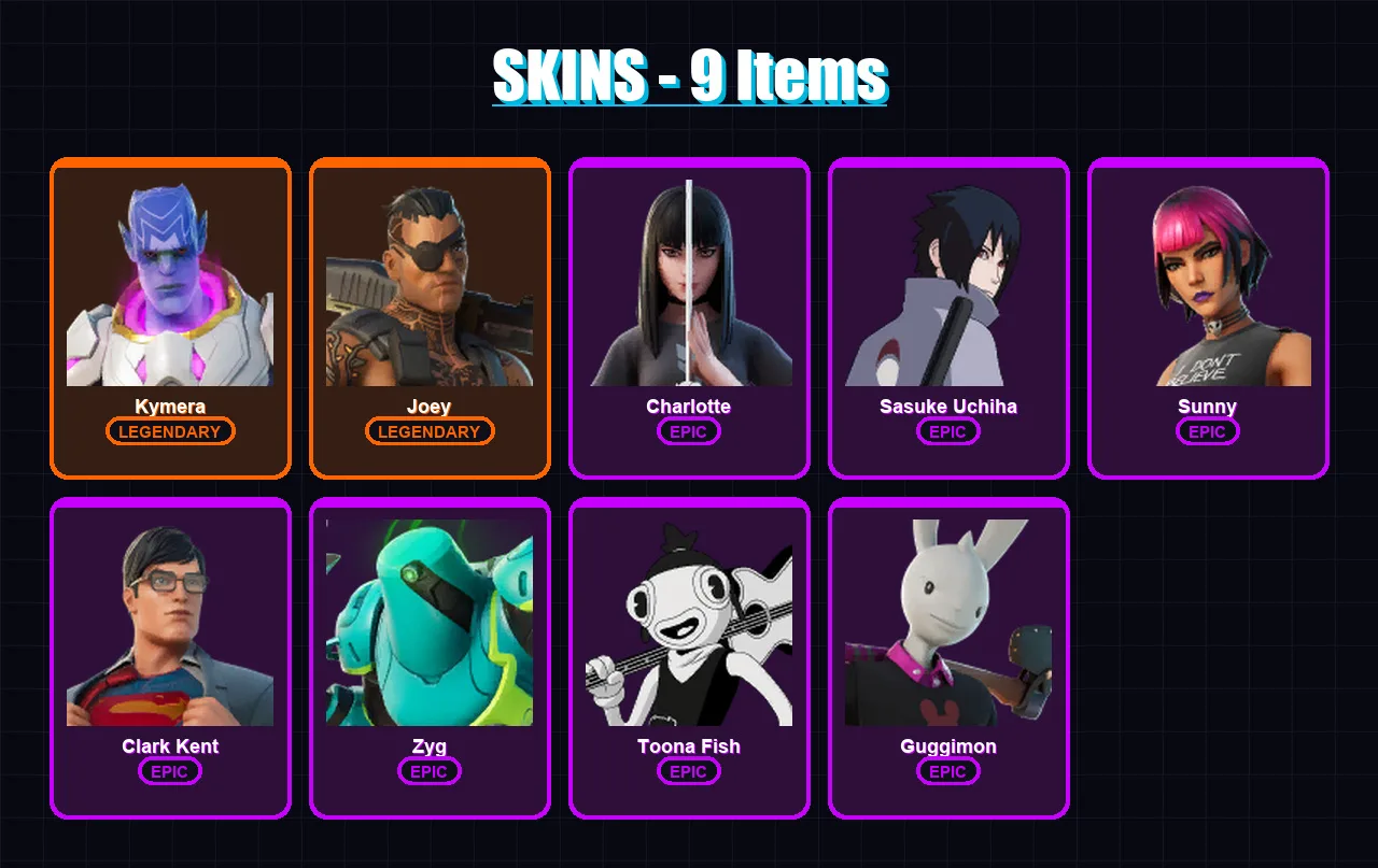 [PC/PSN] | Kymera | Joey | Charlotte | Sasuke Uchiha | Sunny | 9 skin | 12 pickaxe | 16 emote | 14 glider | Lv178