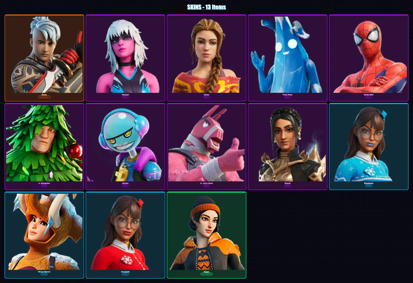 [PC/XBOX/PSN] | Ronin | Harlowe | Haven | Polar Peely | Spider-Man | 13 skin | 18 pickaxe | 21 emote | 21 glider | Lv266