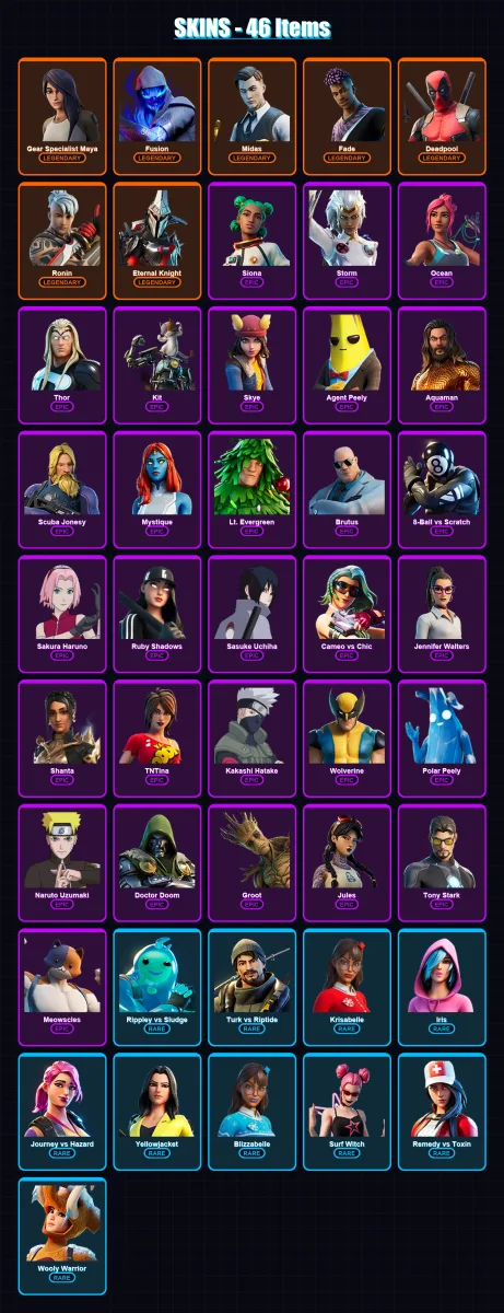 [PC/XBOX/PSN] | Gear Specialist Maya | Fusion | Midas | Fade | Deadpool | 46 skin | 52 pickaxe | 54 emote | 55 glider | Lv884