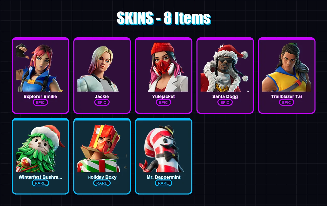 [PC/PSN] | Explorer Emilie | Jackie | Yulejacket | Santa Dogg | Trailblazer Tai | 8 skin | 27 pickaxe | 13 emote | 18 glider | Lv247