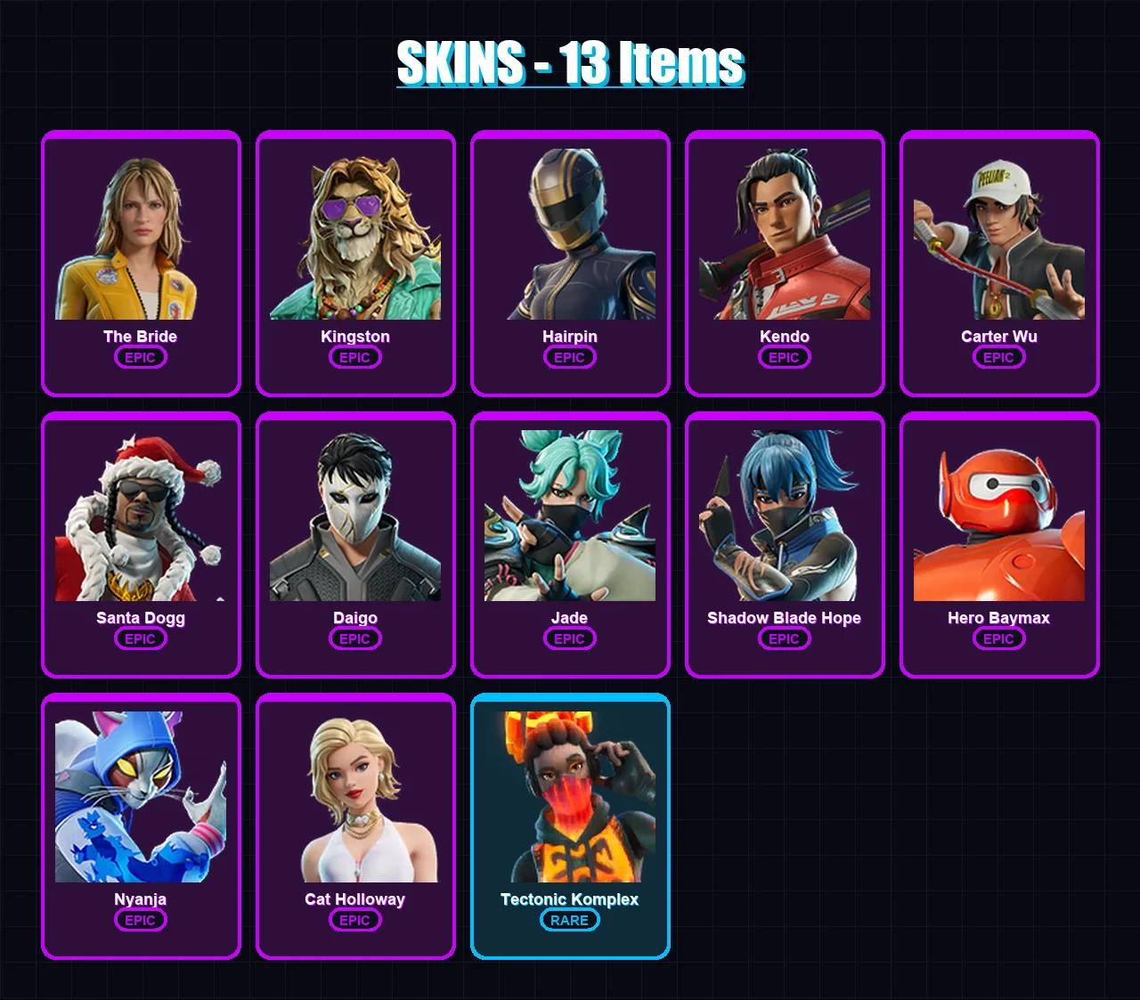 [PS4/PS5/XBOX/PC] | The Bride | Kingston | Hairpin | Kendo | Carter Wu | 13 skin | 45 pickaxe | 28 emote | 34 glider | Lv365