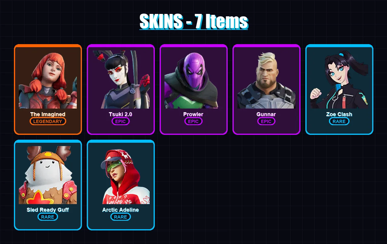 [PC/XBOX/PSN] | The Imagined | Tsuki 2.0 | Prowler | Gunnar | Zoe Clash | 7 skin | 17 pickaxe | 15 emote | 19 glider | Lv282