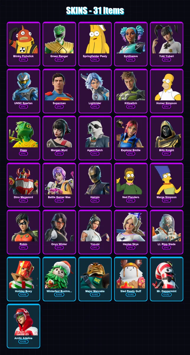 [PC/XBOX/PSN] | Blinky Fishstick | Green Ranger | Springfielder Peely | Synthwave | Yuki Yubari | 31 skin | 52 pickaxe | 36 emote | 51 glider | Lv10 — Fortnite account