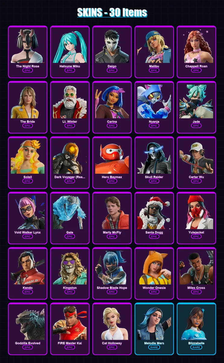 [PC/XBOX/PSN] | The Night Rose | Hatsune Miku | Daigo | Malibu | Chappell Roan | 30 skin | 52 pickaxe | 36 emote | 30 glider | Lv390