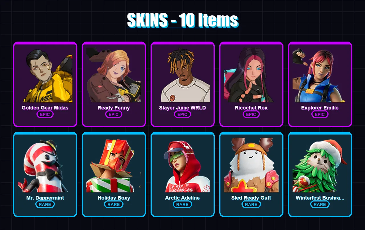 [PC/XBOX] | Golden Gear Midas | Ready Penny | Slayer Juice WRLD | Ricochet Rox | Explorer Emilie | 10 skin | 26 pickaxe | 13 emote | 27 glider | Lv3