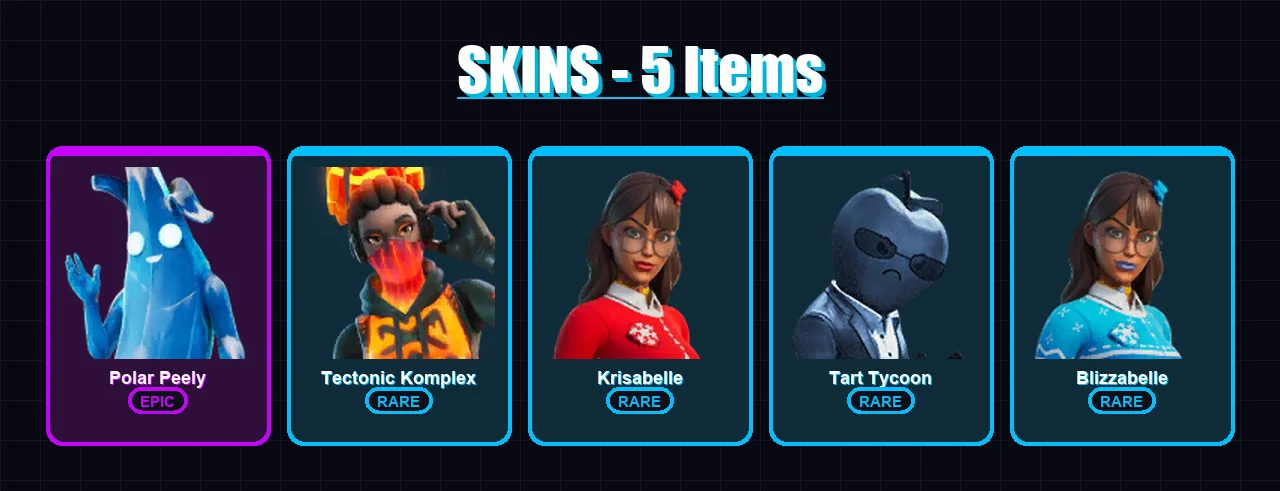 [PC/XBOX/PSN] | Polar Peely | Tectonic Komplex | Krisabelle | Tart Tycoon | Blizzabelle | 5 skin | 15 pickaxe | 19 emote | 18 glider | Lv432
