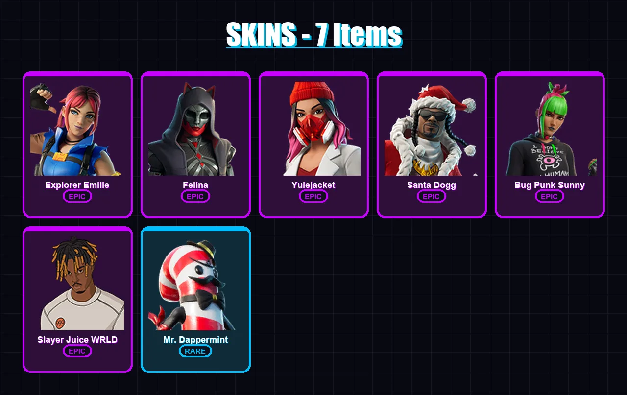 [PC/PSN] | Explorer Emilie | Felina | Yulejacket | Santa Dogg | Bug Punk Sunny | 7 skin | 23 pickaxe | 9 emote | 14 glider | Lv171