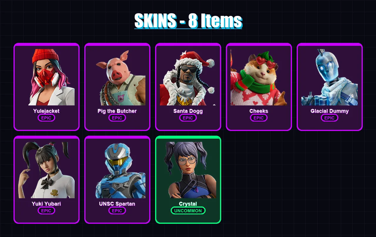 [PS4/PS5/XBOX/PC] | Yulejacket | Pig the Butcher | Santa Dogg | Cheeks | Glacial Dummy | 8 skin | 42 pickaxe | 18 emote | 26 glider | Lv1138