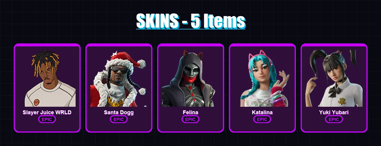 [PC/XBOX] | Slayer Juice WRLD | Santa Dogg | Felina | Katalina | Yuki Yubari | 5 skin | 41 pickaxe | 19 emote | 34 glider | Lv554
