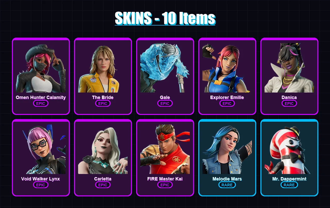 [PC/PSN] | Omen Hunter Calamity | The Bride | Gale | Explorer Emilie | Danica | 10 skin | 6 pickaxe | 3 emote | 5 glider | Lv37