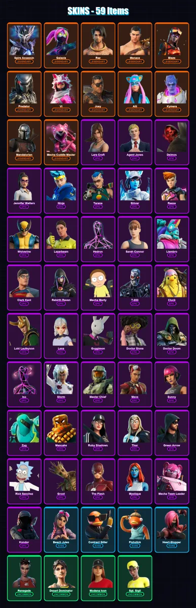 [PC/XBOX/PSN] | Spire Assassin | Galaxia | Raz | Menace | Blaze | 59 skin | 45 pickaxe | 55 emote | 36 glider | Lv600