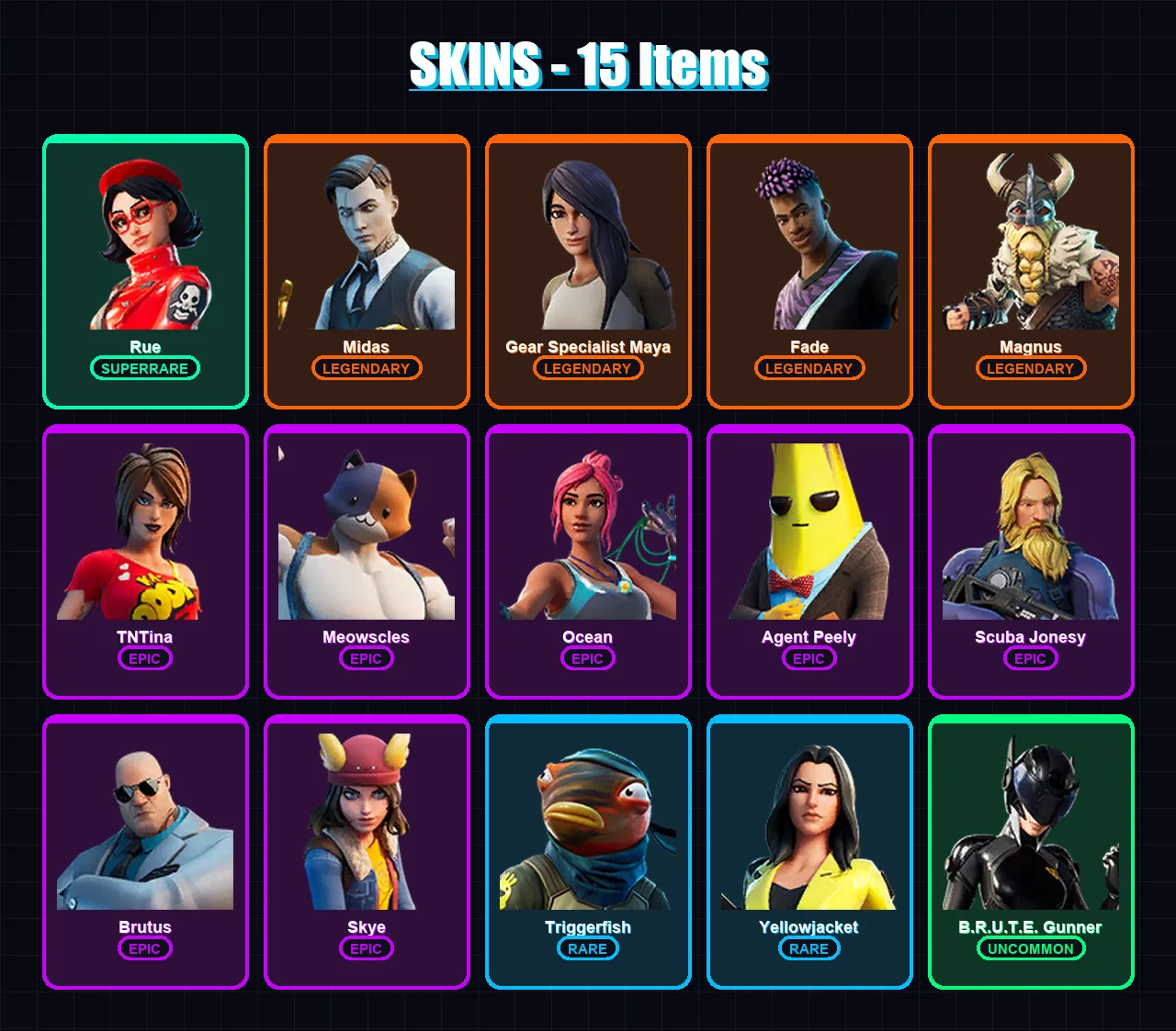 [PC/XBOX/PSN] | Rue | Midas | Gear Specialist Maya | Fade | Magnus | 15 skin | 15 pickaxe | 20 emote | 16 glider | Lv198