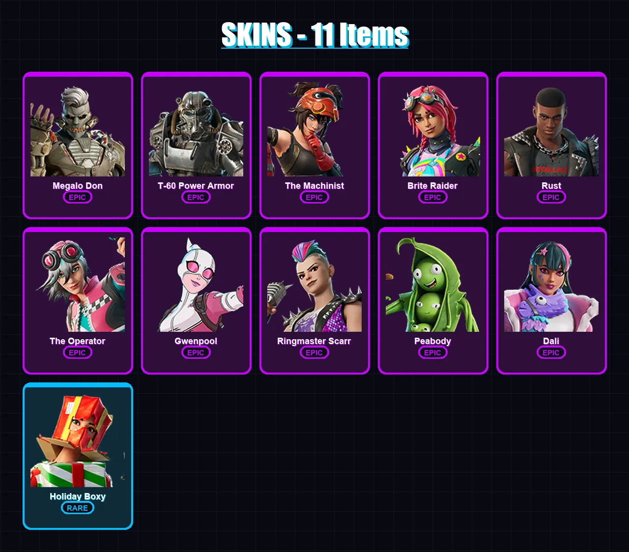 [PC/XBOX/PSN] | Megalo Don | T-60 Power Armor | The Machinist | Brite Raider | Rust | 11 skin | 14 pickaxe | 9 emote | 12 glider | Lv128