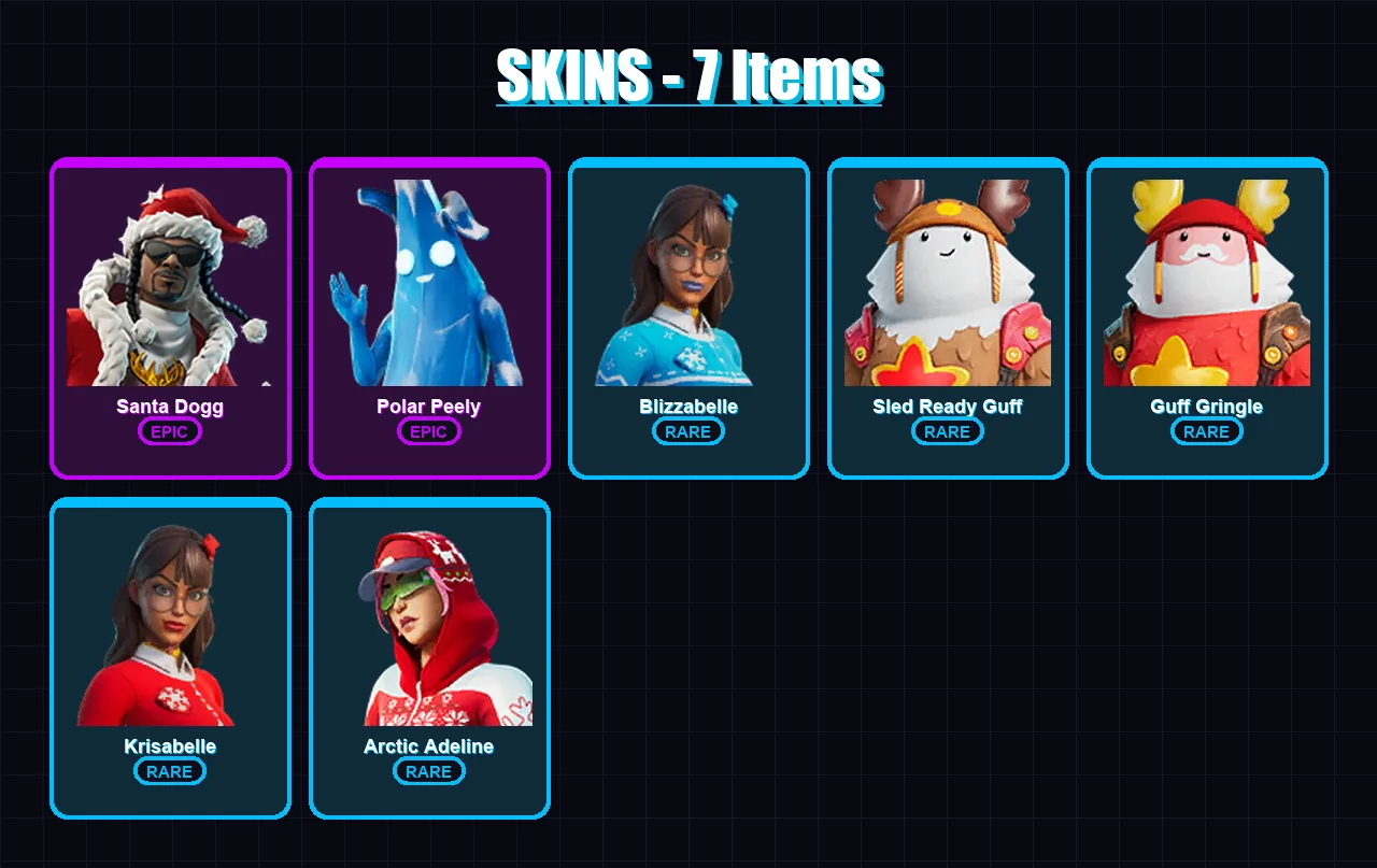 [PC/XBOX/PSN] | Santa Dogg | Polar Peely | Blizzabelle | Sled Ready Guff | Guff Gringle | 7 skin | 23 pickaxe | 15 emote | 24 glider | Lv302