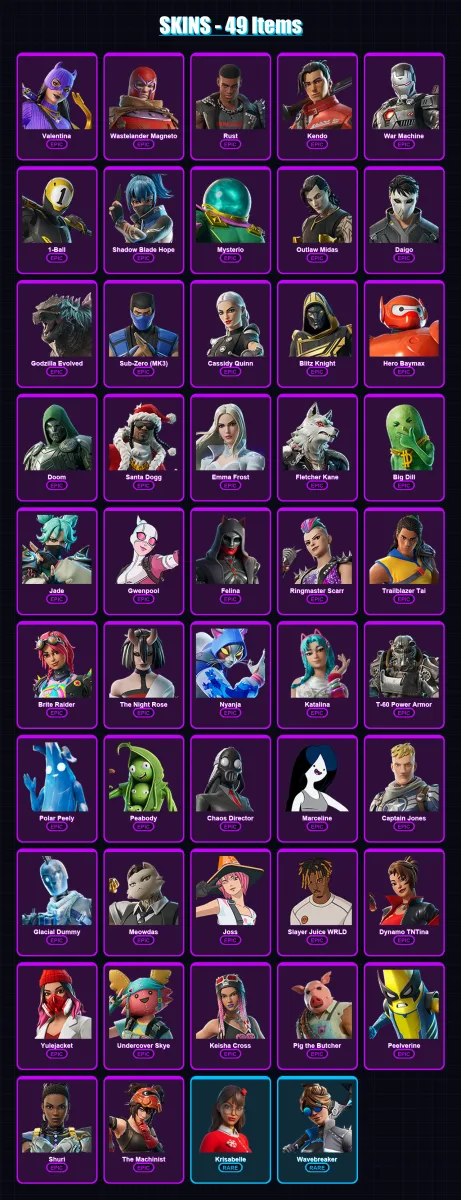 [PC/XBOX/PSN] | Valentina | Wastelander Magneto | Rust | Kendo | War Machine | 49 skin | 98 pickaxe | 55 emote | 70 glider | Lv722
