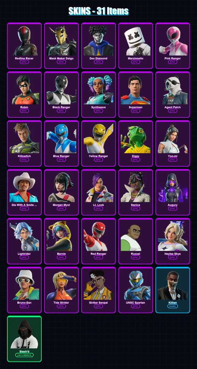 [PC/PSN] | Redline Racer | Mask Maker Daigo | Dex Diamond | Marshmello | Pink Ranger | 31 skin | 34 pickaxe | 26 emote | 16 glider | Lv139