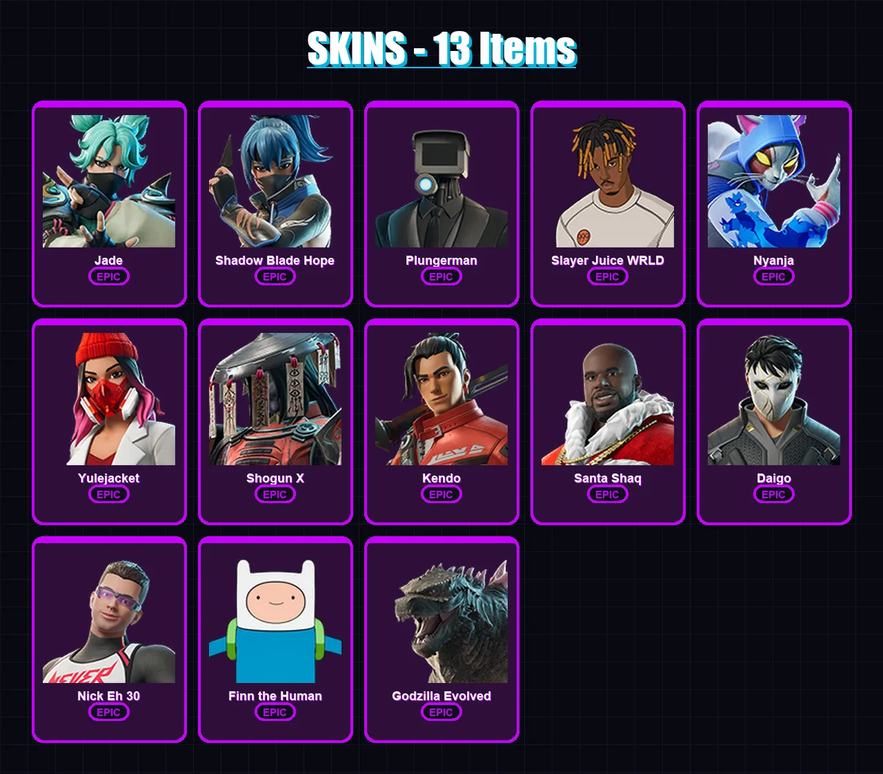 [PC/XBOX/PSN] | Jade | Shadow Blade Hope | Plungerman | Slayer Juice WRLD | Nyanja | 13 skin | 30 pickaxe | 14 emote | 20 glider | Lv187
