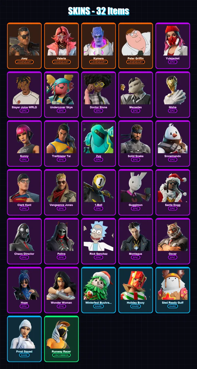[SWITCH/XBOX/PSN/PC] | Joey | Valeria | Kymera | Peter Griffin | Yulejacket | 32 skin | 72 pickaxe | 43 emote | 56 glider | Lv961