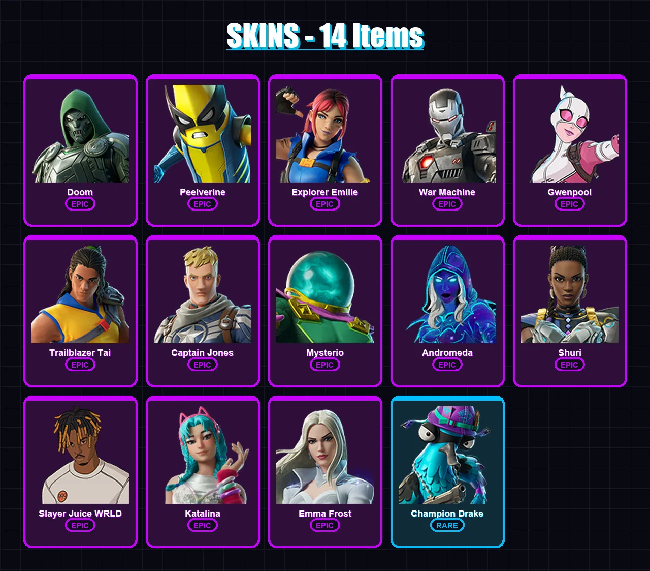[PC] | Doom | Peelverine | Explorer Emilie | War Machine | Gwenpool | 14 skin | 41 pickaxe | 21 emote | 29 glider | Lv463