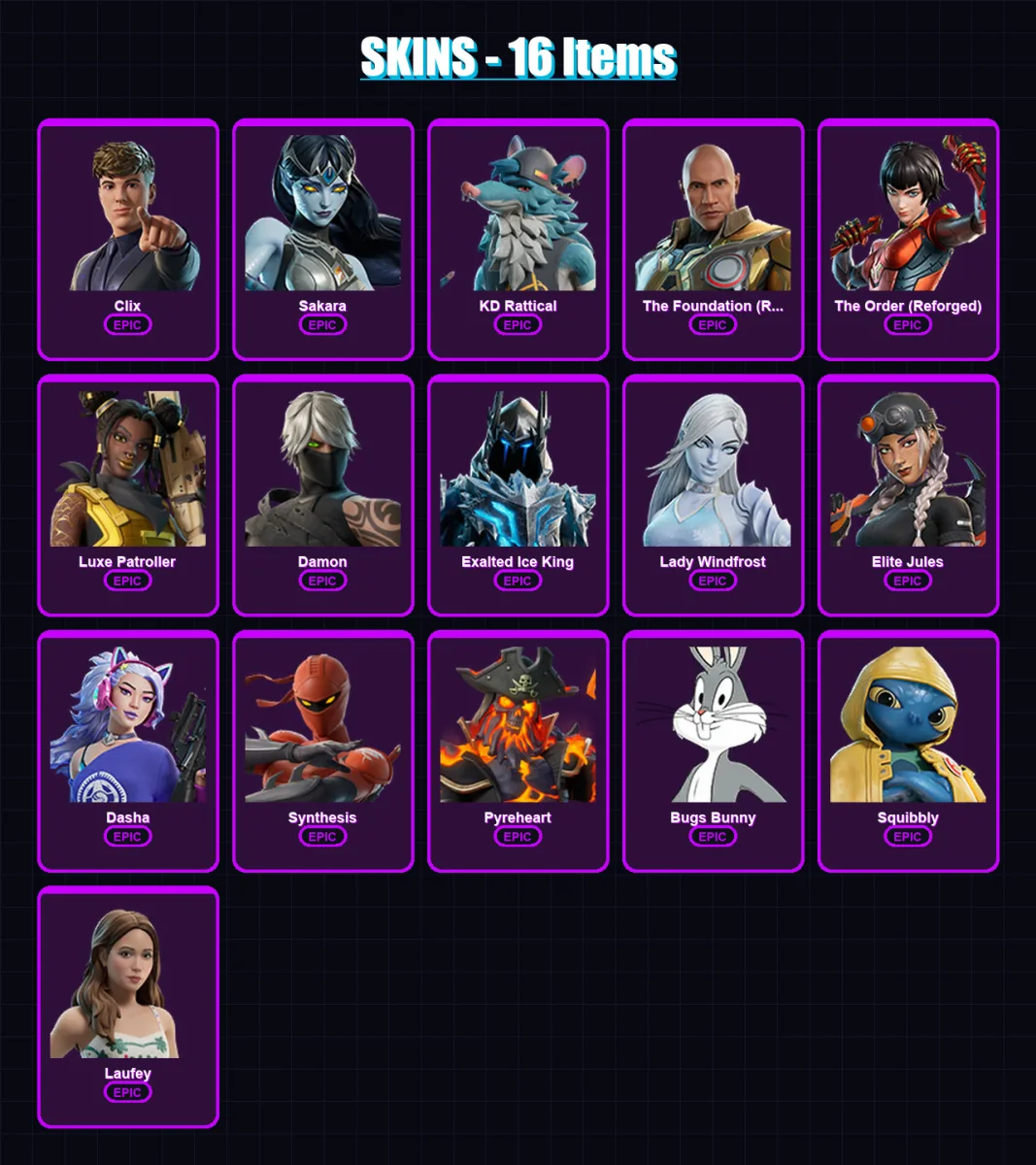 [PC/PSN] | Clix | Sakara | KD Rattical | The Foundation (Reforged) | The Order (Reforged) | 16 skin | 29 pickaxe | 15 emote | 19 glider | Lv164