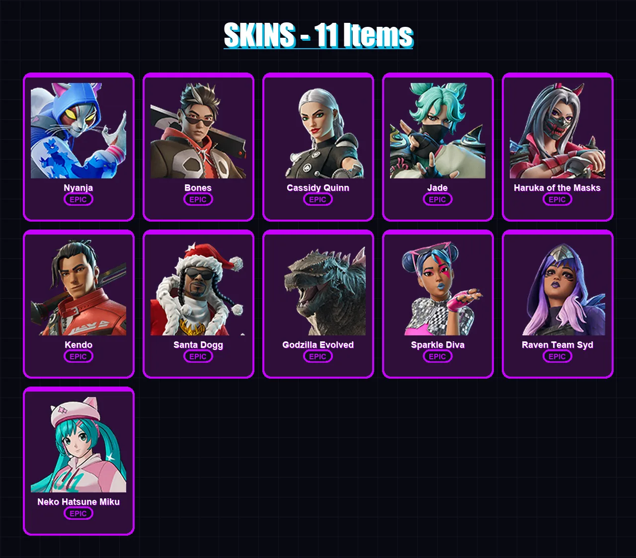 [PC/XBOX/PSN] | Nyanja | Bones | Cassidy Quinn | Jade | Haruka of the Masks | 11 skin | 12 pickaxe | 10 emote | 10 glider | Lv44