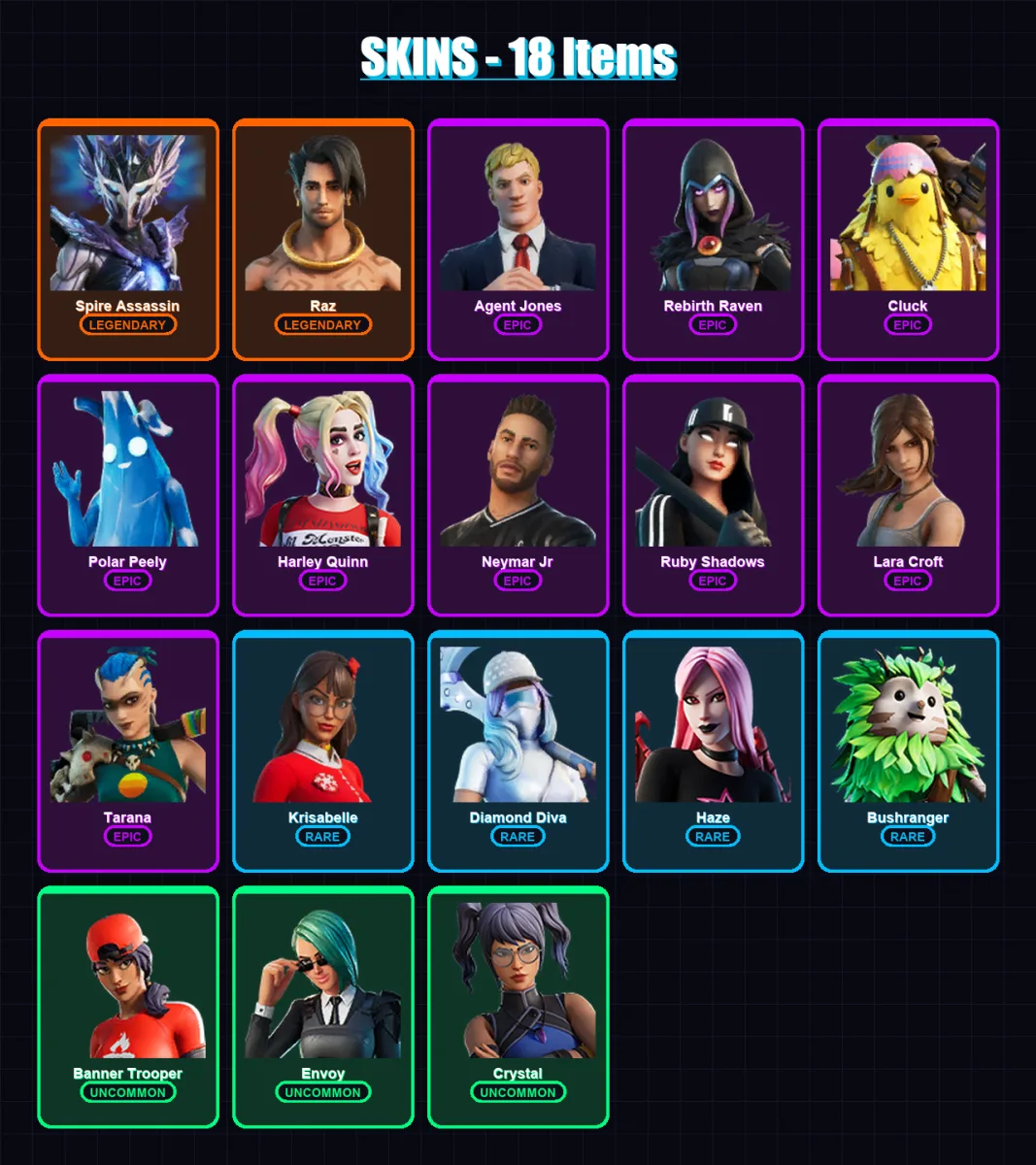 [PS4/PS5/XBOX/PC] | Spire Assassin | Raz | Agent Jones | Rebirth Raven | Cluck | 18 skin | 61 pickaxe | 33 emote | 47 glider | Lv911