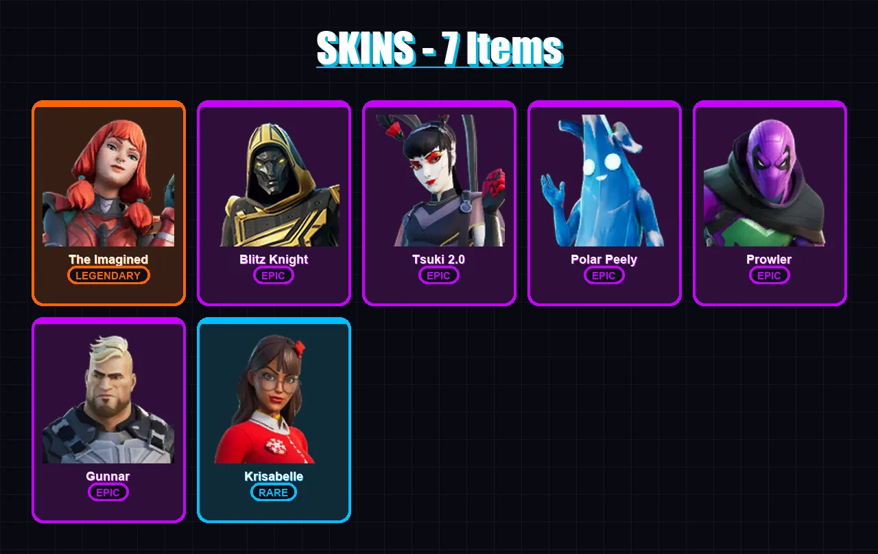 [PC/XBOX/PSN] | The Imagined | Blitz Knight | Tsuki 2.0 | Polar Peely | Prowler | 7 skin | 18 pickaxe | 9 emote | 16 glider | Lv167