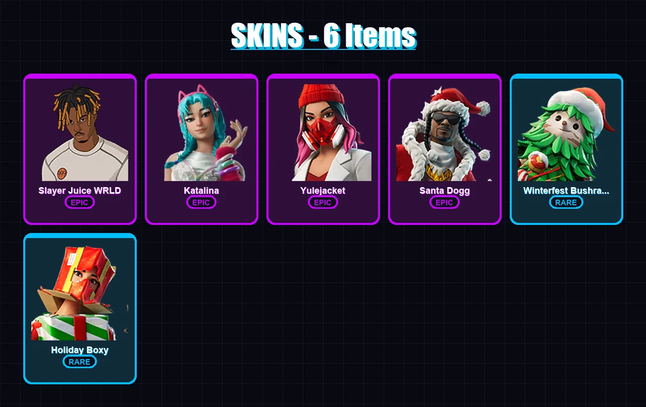 [PC/XBOX/PSN] | Slayer Juice WRLD | Katalina | Yulejacket | Santa Dogg | Winterfest Bushranger | 6 skin | 40 pickaxe | 20 emote | 26 glider | Lv562
