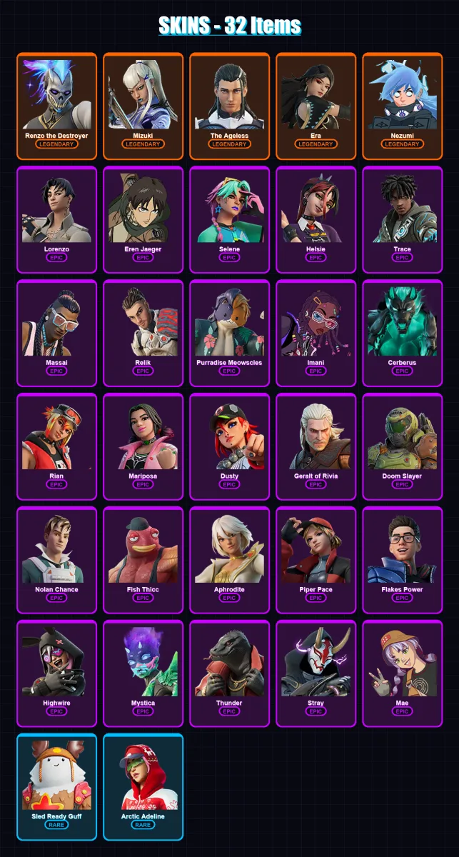 [PC/PSN] | Renzo the Destroyer | Mizuki | The Ageless | Era | Nezumi | 32 skin | 45 pickaxe | 43 emote | 43 glider | Lv502