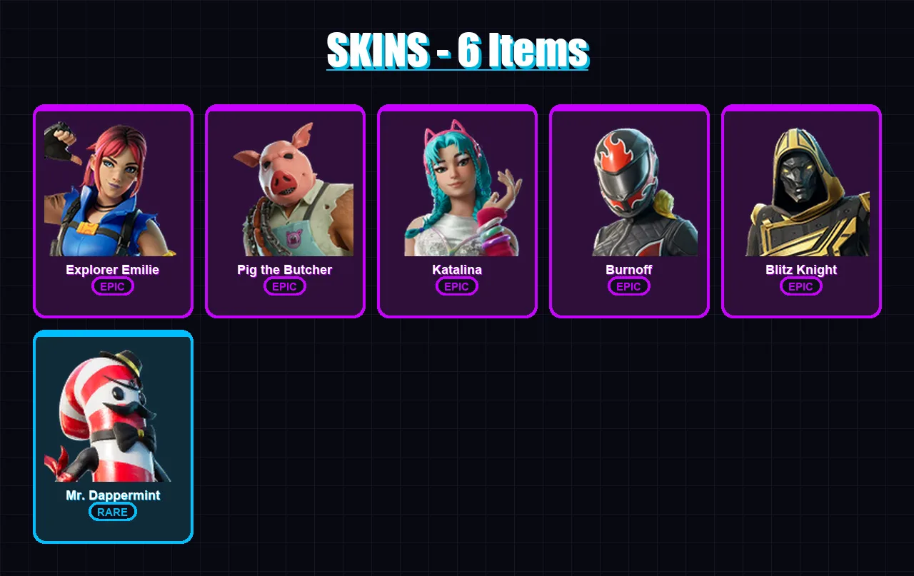 [PC/XBOX] | Explorer Emilie | Pig the Butcher | Katalina | Burnoff | Blitz Knight | 6 skin | 29 pickaxe | 14 emote | 22 glider | Lv253