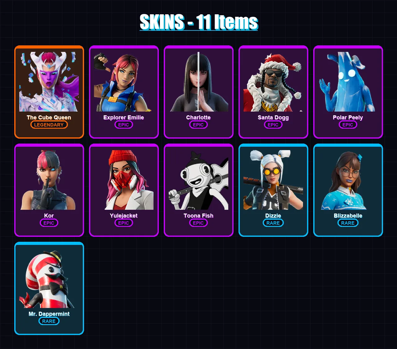 [PC] | The Cube Queen | Explorer Emilie | Charlotte | Santa Dogg | Polar Peely | 11 skin | 24 pickaxe | 13 emote | 17 glider | Lv206
