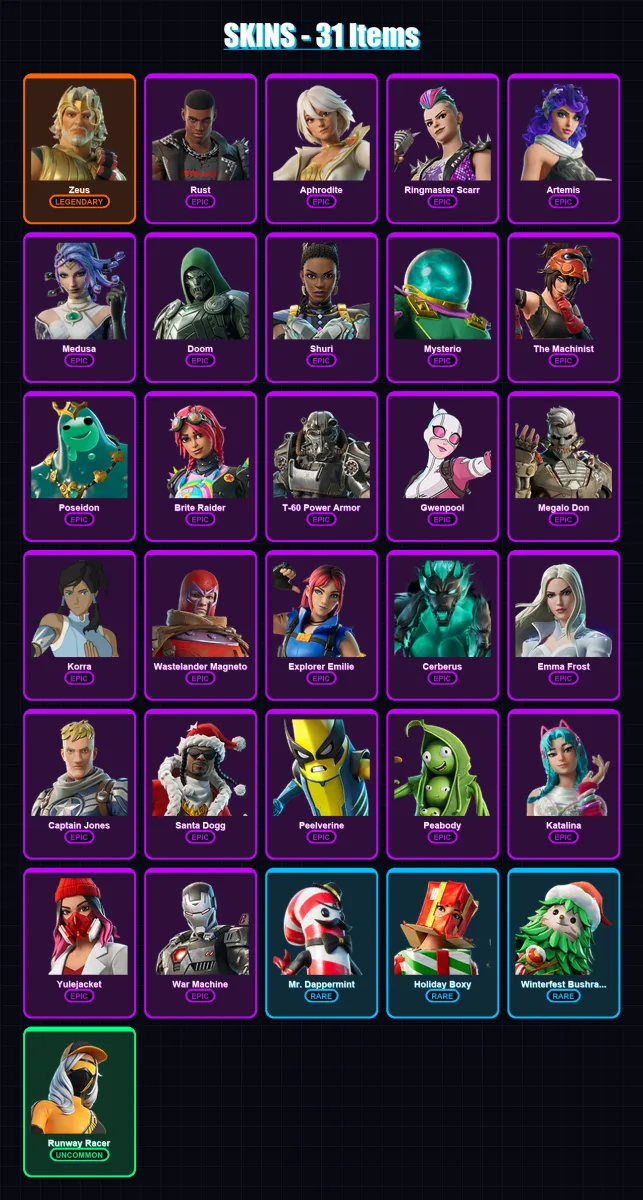 [PC/XBOX/PSN] | Zeus | Rust | Aphrodite | Ringmaster Scarr | Artemis | 31 skin | 67 pickaxe | 36 emote | 58 glider | Lv769