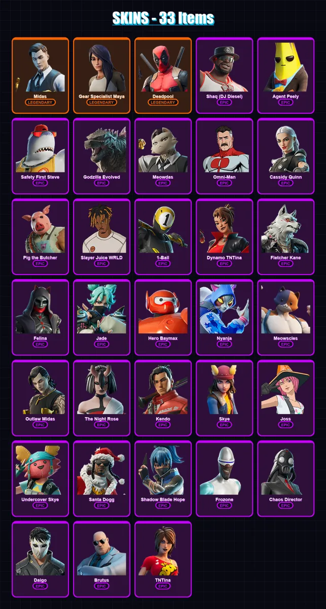 [PS4/PS5/XBOX/PC] | Midas | Gear Specialist Maya | Deadpool | Shaq (DJ Diesel) | Agent Peely | 33 skin | 63 pickaxe | 41 emote | 49 glider | Lv637