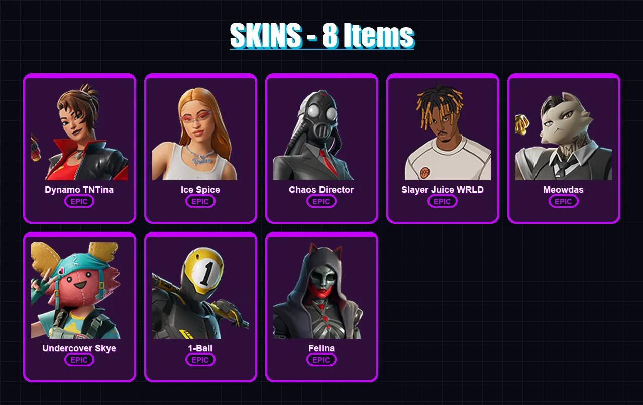[PC/XBOX] | Dynamo TNTina | Ice Spice | Chaos Director | Slayer Juice WRLD | Meowdas | 8 skin | 17 pickaxe | 11 emote | 12 glider | Lv76