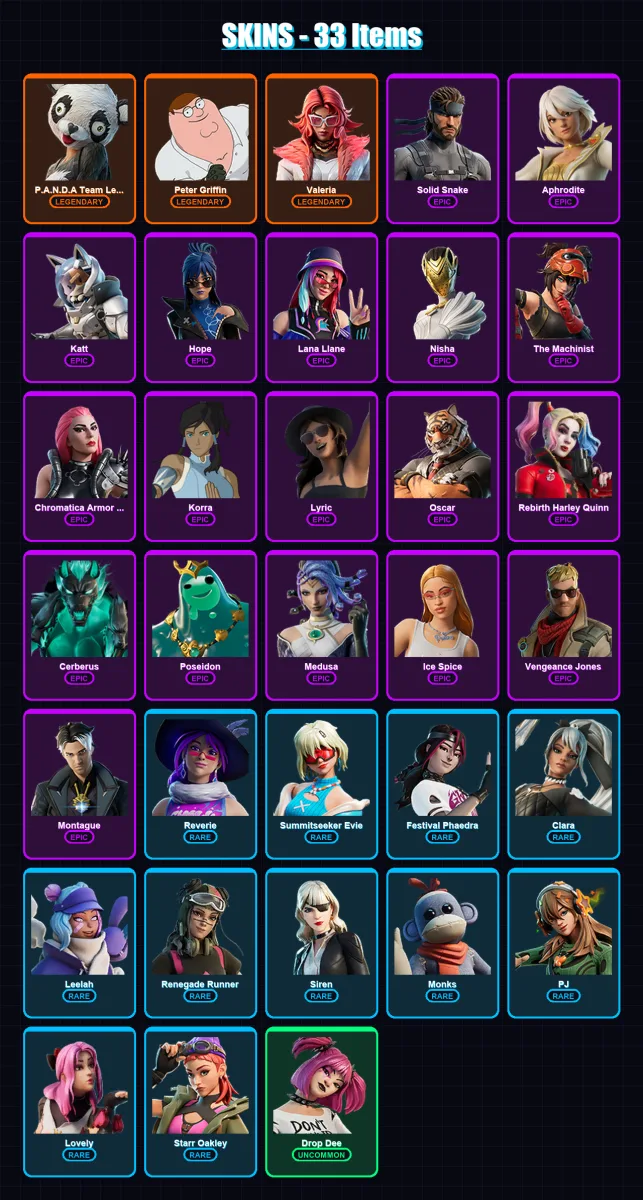 [PS4/PS5/XBOX/PC] | P.A.N.D.A Team Leader | Peter Griffin | Valeria | Solid Snake | Aphrodite | 33 skin | 24 pickaxe | 25 emote | 18 glider | Lv169 — Fortnite account