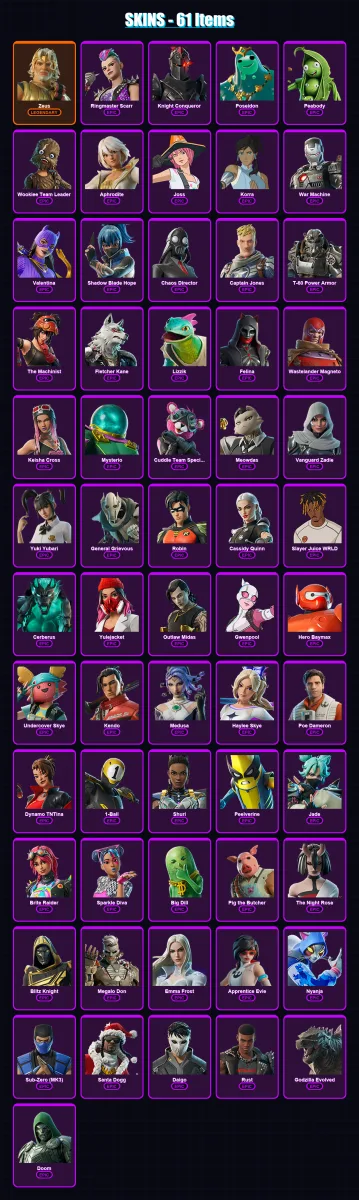 [PS4/PS5/PC] | Zeus | Ringmaster Scarr | Knight Conqueror | Poseidon | Peabody | 61 skin | 102 pickaxe | 65 emote | 78 glider | Lv943