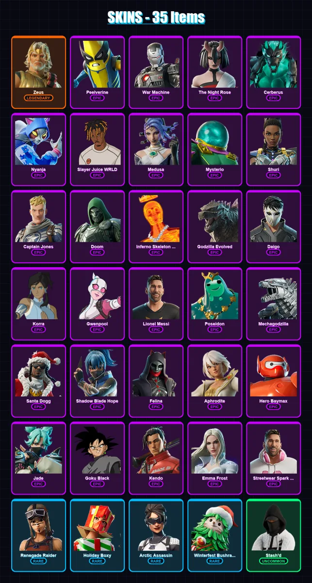 [PS4/PS5/XBOX/PC] | Zeus | Peelverine | War Machine | The Night Rose | Cerberus | 35 skin | 64 pickaxe | 41 emote | 44 glider | Lv650