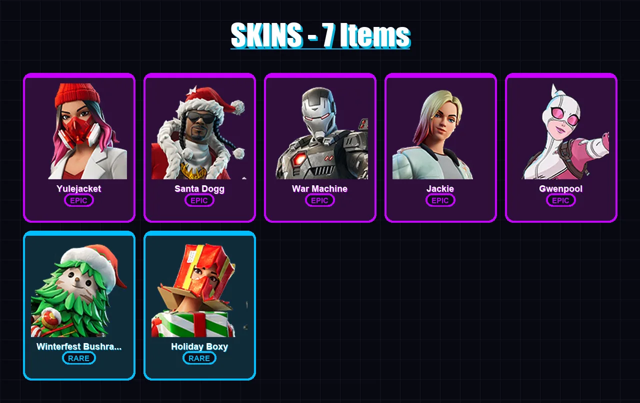 [PC/XBOX/PSN] | Yulejacket | Santa Dogg | War Machine | Jackie | Gwenpool | 7 skin | 23 pickaxe | 9 emote | 18 glider | Lv338