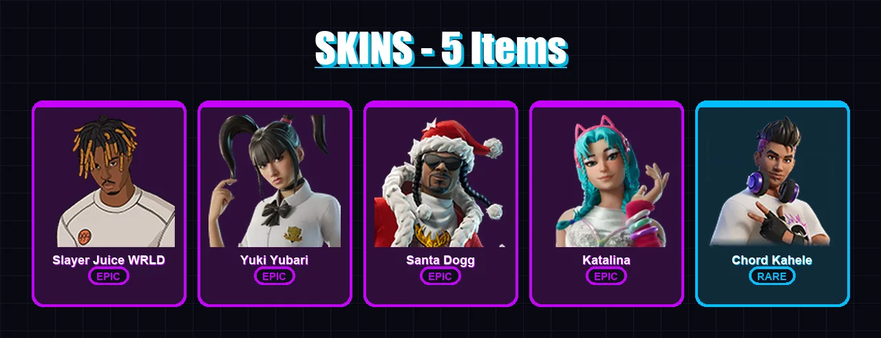[PC/XBOX/PSN] | Slayer Juice WRLD | Yuki Yubari | Santa Dogg | Katalina | Chord Kahele | 5 skin | 13 pickaxe | 4 emote | 8 glider | Lv53
