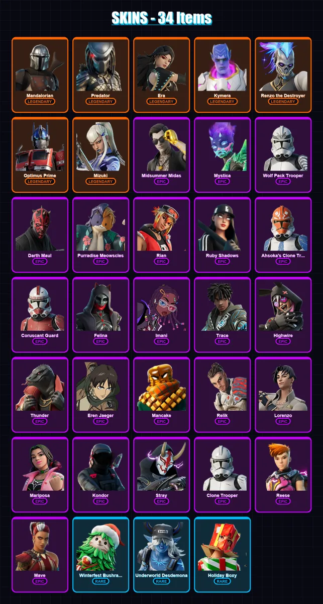 [SWITCH/XBOX/PSN/PC] | Mandalorian | Predator | Era | Kymera | Renzo the Destroyer | 34 skin | 46 pickaxe | 32 emote | 41 glider | Lv738