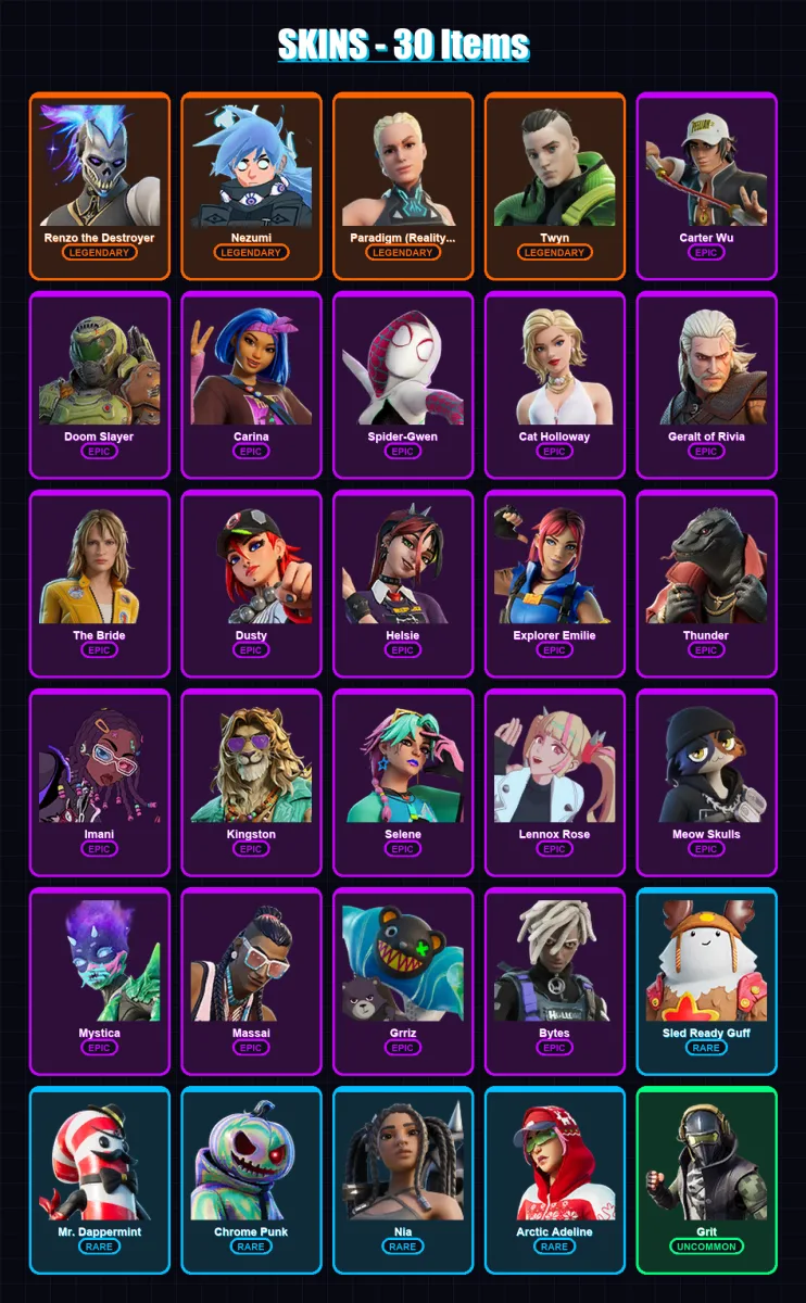 [PC/PSN] | Renzo the Destroyer | Nezumi | Paradigm (Reality-659) | Twyn | Carter Wu | 30 skin | 43 pickaxe | 35 emote | 41 glider | Lv550