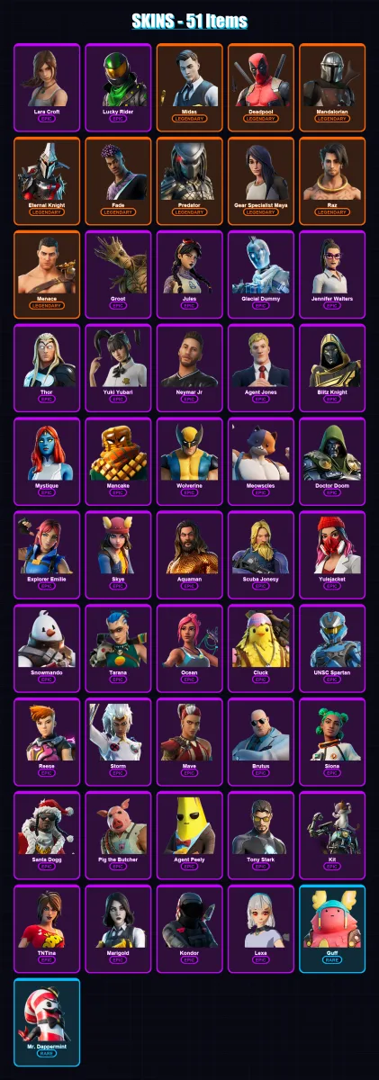 [SWITCH/XBOX/PSN/PC] | Lara Croft | Lucky Rider | Midas | Deadpool | Mandalorian | 51 skin | 114 pickaxe | 61 emote | 81 glider | Lv1656