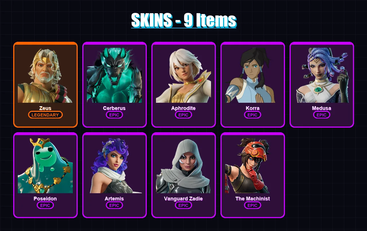 [PC/XBOX/PSN] | Zeus | Cerberus | Aphrodite | Korra | Medusa | 9 skin | 29 pickaxe | 14 emote | 23 glider | Lv218
