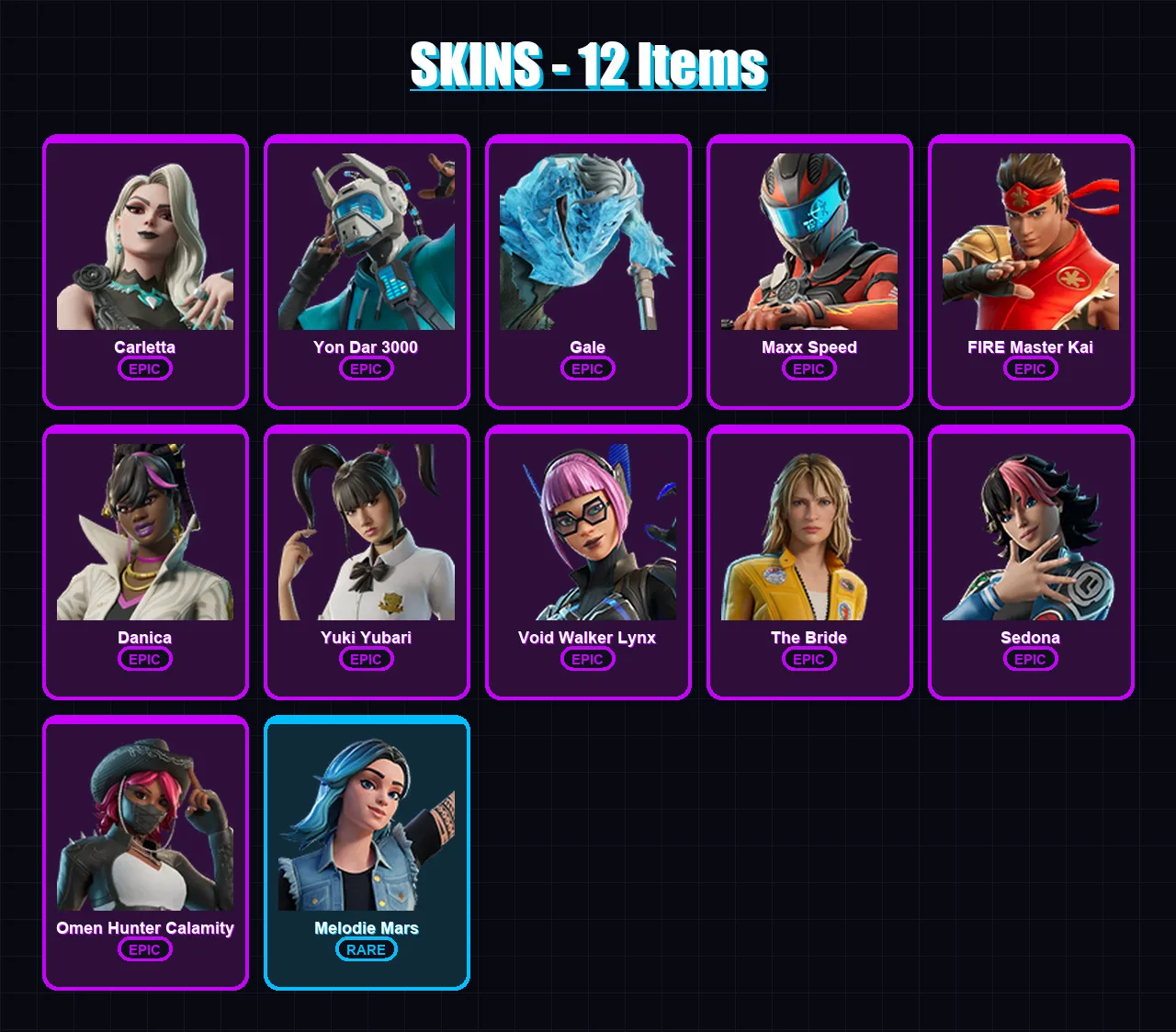 [PC/PSN] | Carletta | Yon Dar 3000 | Gale | Maxx Speed | FIRE Master Kai | 12 skin | 11 pickaxe | 14 emote | 11 glider | Lv97